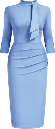 Vista 4 de Miusol - Vestido entallado de cóctel, plisado, estilo retro, cuello medio.