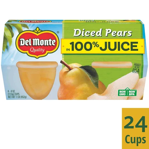 Vista 4 de DEL MONTE Peras en cubitos en 100% aperitivos de jugo de fruta, 4 unidades, paquete de 6