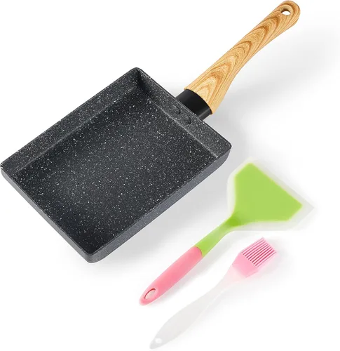 Vista 8 de Sartén de tortilla japonesa,Sartén antiadherente para huevos Tamagoyaki,Sartén rectangular pequeña con tapa,Espátula de silicona y cepillo