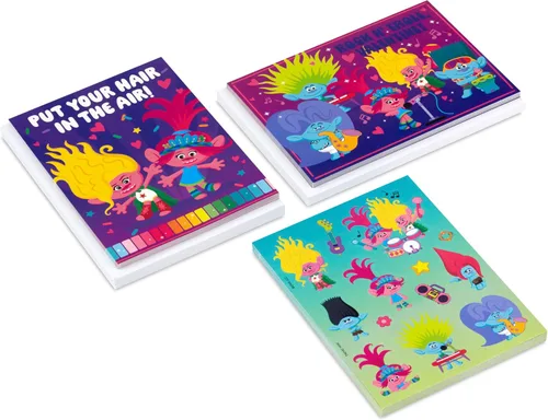 Vista 3 de Hallmark Trolls - Surtido de tarjetas de San Valentín para niños (24 tarjetas de San Valentín, 24 hojas de calcomanías y sobres)