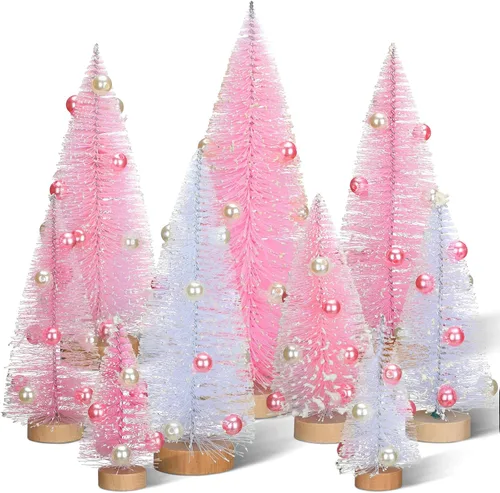 Vista 10 de Leyndo - 9 unidades de árboles artificiales de Navidad clásicos azules en miniatura con base de madera de pino de sisal para decoración de otoño
