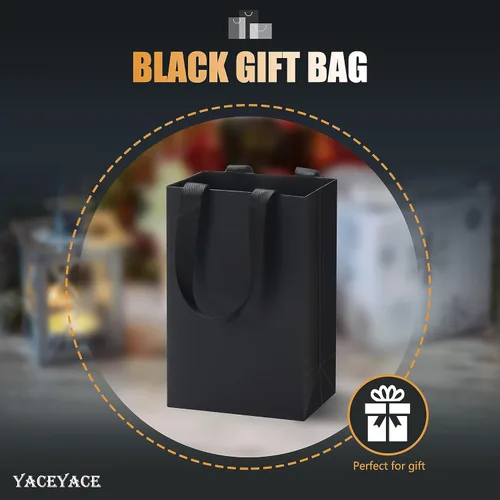 Vista 2 de Bolsas de regalo negras con asas, 10 bolsas de papel kraft de 5.25 x 3.75 x 8 pulgadas para bodas, fiestas, negocios, venta al por menor Negro