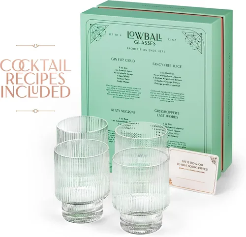 Vista 7 de GLASSIQUE CADEAU Vasos de cóctel vintage Art Deco acanalados, juego de 4, vasos dobles de cristal de 12 onzas para beber whisky clásico, ginebra