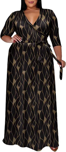 Vista 28 de Runwind Vestidos de Talla Grande para Mujeres Vestido Maxi Floral Suelto Manga 3/4 con Cinturón 01-Negro