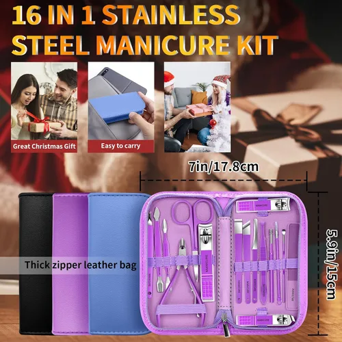 Vista 6 de Juego de manicura 16 en 1, kit profesional de pedicura de acero inoxidable, juego de cortaúñas para uñas de los pies, kit de aseo masculino, kit