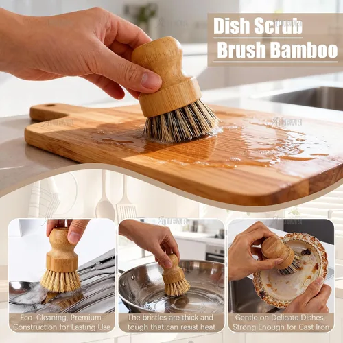 Vista 3 de AUEAR, Cepillo de bambú natural para fregar platos, cepillos de limpieza para ollas, cerdas de coco para sartenes de hierro fundido