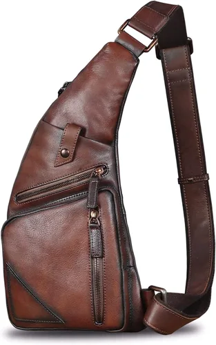Vista 2 de Bolso bandolera de cuero genuino para hombre, estilo vintage, hecho a mano, mochila de senderismo, mochila retro cruzada, Marrón claro, Mediana