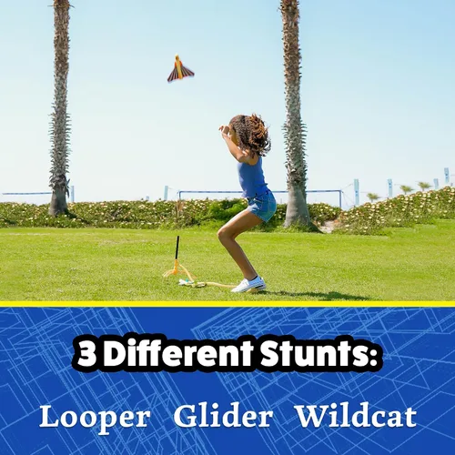 Vista 3 de Stomp Rocket Juguete Lanzador de Avión de Acrobacias para Niños - 3 Aviones de Juguete de Espuma Vuelan Más de 100 Pies - Trucos Únicos y Soporte
