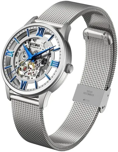 Vista 2 de Festina Esqueleto automático para hombre pulsera de malla de acero esfera plateadaazul F205341 Reloj automático