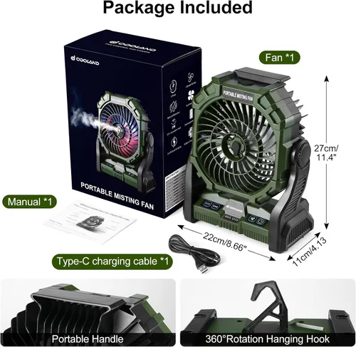 Vista 7 de Odoland Ventilador portátil para campamento con linterna LED, ventilador recargable a batería de 20,000 mAh con función de nebulización y luz