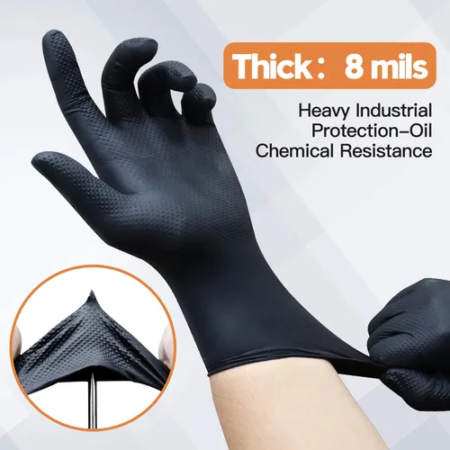 Vista 5 de Wostar Guantes industriales de nitrilo negro, grandes de 8 mil, con textura de diamante, sin látex y polvo, guantes resistentes, 100