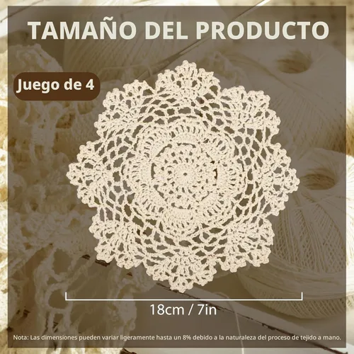 Vista 3 de kilofly Juego de manteles individuales de encaje de algodón de ganchillo, 4 unidades, beige, floral, 7 pulgadas