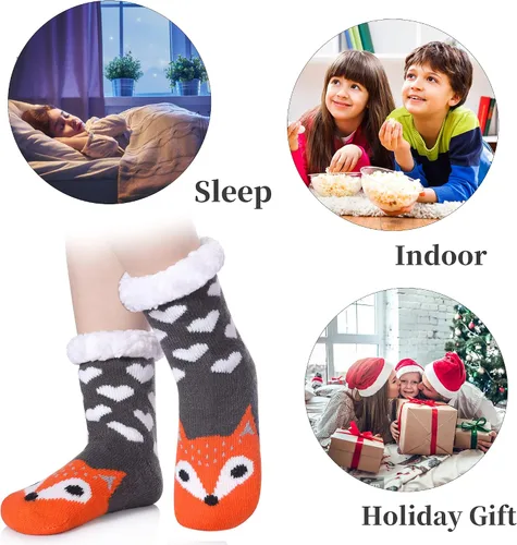 Vista 3 de FNOVCO Calcetines tipo pantufla para niños y niñas, mullidos, suaves, gruesos, acogedores, con forro polar cálido para invierno y Navidad