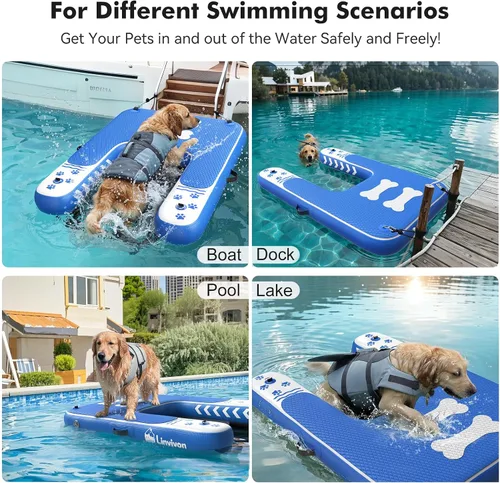 Vista 3 de Rampa inflable para perros de hasta 240 libras, plataforma flotante con espuma EVA antideslizante, segura y fácil acceso al agua, rampa para perros