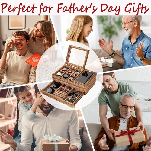 Vista 6 de Pinzoveco Caja Organizadora de Relojes para Hombres, Caja de Joyería para Hombres de 6 Compartimentos Exhibición y Almacenamiento de Relojes, Caja