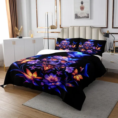 Vista 3 de Erosebridal Gothic Skull Coverlet Set, Mandala Flowers Hippie Butterfly Bedspread Sets for Girls Boys Kids Trippy Skull Death Skeleton Quilt Set