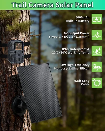 Vista 5 de Panel solar de cámara de sendero, cargador de panel solar de 3 W con batería de 5000 mAh y cable USB-C de 6 V y puerto de CC de 9.8 pies, panel