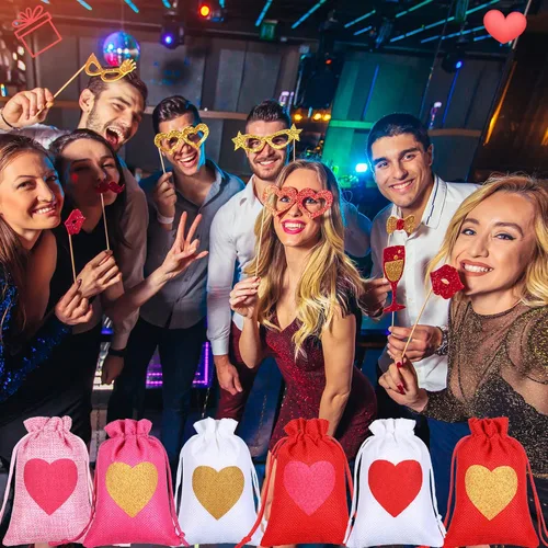 Vista 6 de 36 bolsas de arpillera de corazón para el día de San Valentín, 4 x 6 pulgadas, con cordón, pequeñas bolsas de joyería de lino, bolsas con cordón