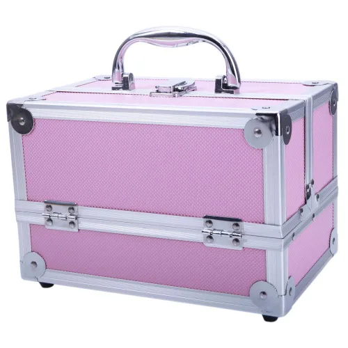 Vista 9 de Estuche de tren de maquillaje portátil profesional, estuche de aluminio para maquillaje, joyero, organizador de almacenamiento de cosméticos con Rosa