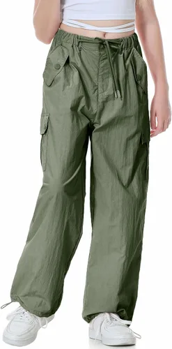 Vista 8 de Rolanko Pantalones de paracaídas para niñas, pantalones cargo Y2K con bolsillos, pantalones deportivos Harajuku para niños de 4 a 14 años