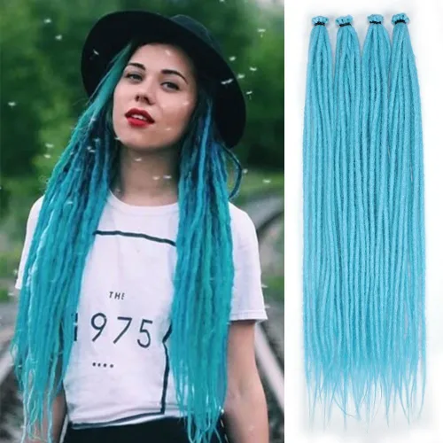 Vista 26 de Kraler Extensiones de Rastas Azules, Extensiones de Rastas Sintéticas de Ganchillo de 22", 100% Hechas a Mano, Rastas de Una Sola Punta, Delgadas