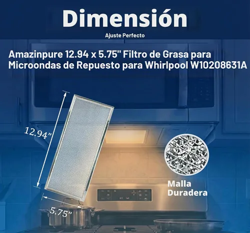 Vista 2 de Filtro de grasa de microondas de 13" x 6" para Maytag Whirlpool W10208631A