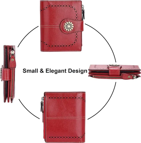Vista 3 de Lavemi Cartera de cuero para mujer, pequeña, compacta, con bloqueo RFID, con bolsillo con cremallera