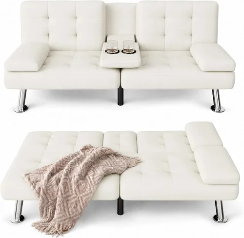 Vista 11 de Furmax Sofá cama futón, futón ajustable para sala de estar (pana, beige)