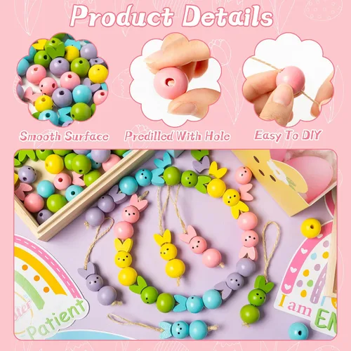 Vista 4 de Eartim Cuentas de madera de conejo de Pascua para manualidades, 121 cuentas redondas de conejo colorido con cordel rústico de granja, kit