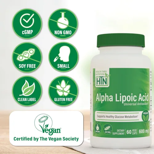 Vista 3 de Health Thru Nutrition Ácido alfa lipoico 600 mg, 60 porciones, certificado vegano, antioxidante universal, sin OMG, probado por terceros