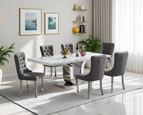 Vista 51 de Juego de mesa de comedor de mármol sintético, 7 piezas, juego de mesa de cocina y comedor para 6, mesa de comedor rectangular blanca de 70 pulgadas