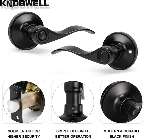 Vista 4 de KNOBWELL Paquete de 1 manija de puerta negra moderna con cerradura de giro para el pulgar en el interior, manijas de puerta de privacidad negras