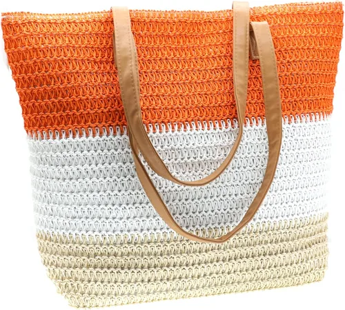 Vista 55 de Bolso grande de paja para mujer, tejido de ratán, bolso de playa de verano, a rayas