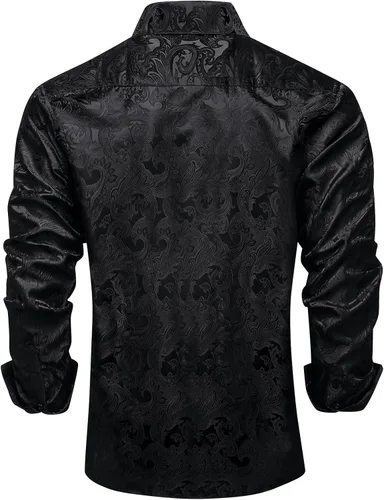 Vista 5 de DiBanGu Camisa de vestir de paisley de seda para hombre, formal, de manga larga, con cuello abotonado, camisas informales para fiesta de boda Negro