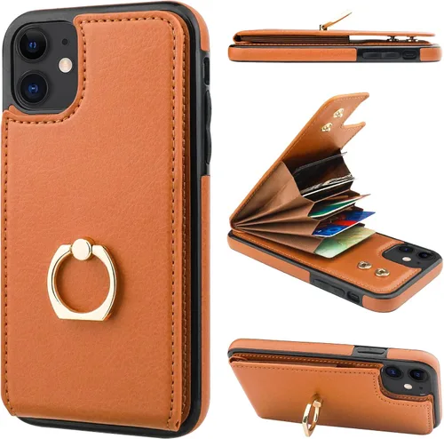 Vista 15 de Folosu Funda compatible con iPhone 11, cartera con tarjetero y rotación de 360°, soporte de anillo de dedo con función atril, bloqueo RFID, piel