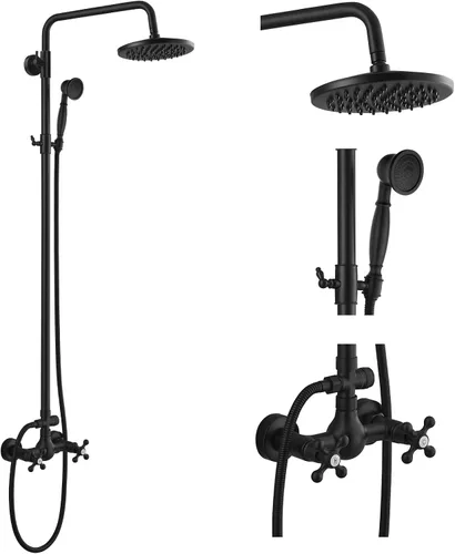 Vista 11 de gotonovo Juego de llave de ducha expuesta para baño, accesorio de ducha con cabezal efecto lluvia de 8 pulgadas, ducha de mano, mango en cruz Dorado