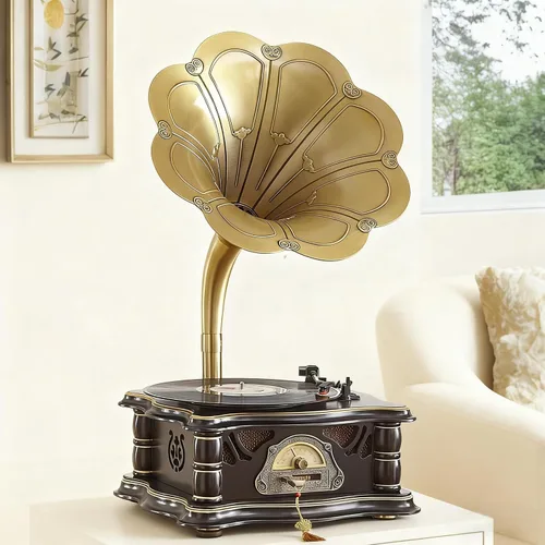 Vista 10 de Tocadiscos vintage de madera para gramófono, tocadiscos de fonógrafo retro, tocadiscos de 3 velocidades para discos de vinilo con reproducción