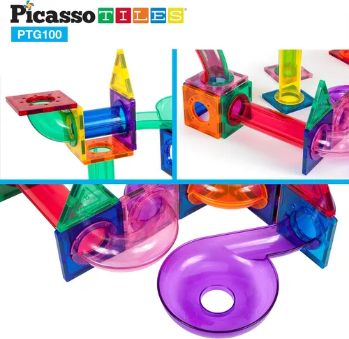 Vista 6 de PicassoTiles Paquete de 100 azulejos magnéticos + 100 piezas de canicas para carreras de carreras divertido y creativo, juguete sensorial educativo