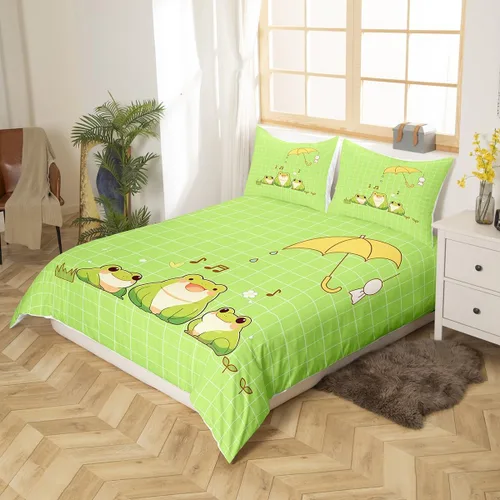 Vista 3 de Castle Fairy Juego de ropa de cama con diseño de rana, tamaño individual, funda de edredón de animales verdes de dibujos animados para niños