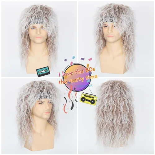 Vista 2 de Miss U Hair - Peluca de cabello de los años 80 para hombres y mujeres, juego de disfraz rockero Diadema elástica, manga de tatuaje, guante