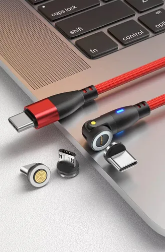 Vista 3 de Cable magnético de carga rápida 3 en 1 USB tipo C de 540º con puntas intercambiables magnéticamente para micro USB, USB tipo C e iProducts (negro)