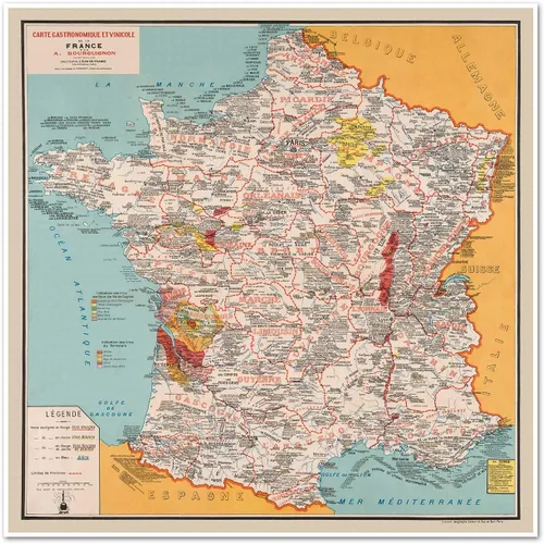 Vista 10 de Antiguos Maps Gourmet France, Comida francesa y vino - Gastronomique et Vinicole de la France par A. Bourguignon circa 1932 Decoración de pared