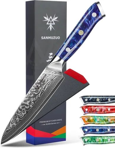 Vista 8 de Cuchillo utilitario de cocina de 5 pulgadas, cuchillos de cocina de la serie Xuan, acero de damasco VG10 con mango de resina (naranja fantasía)
