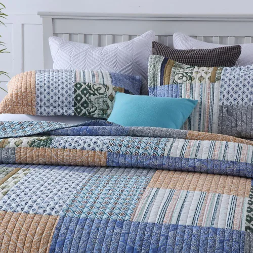 Vista 3 de VISIMISI - Juego de colchas de algodón, juego de cubrecama reversible con 3 piezas, edredón de mosaico bohemio azul, colcha con patrón de paisley