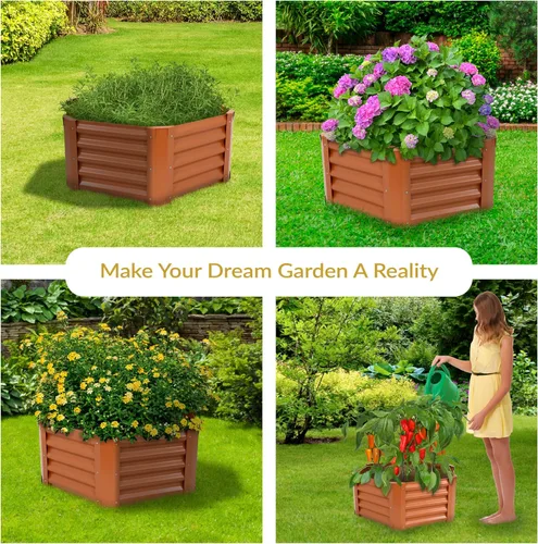 Vista 5 de Sunnydaze - Cama de jardín elevada de acero galvanizado, marrón, hexagonal de 16.25 pulgadas de alto