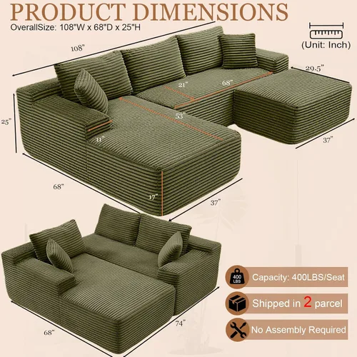 Vista 2 de Sofá modular Cloud de 108 pulgadas, moderno sofá deshuesado con otomana móvil, sofá modular de asiento profundo, sofás esquineros de pana para sala