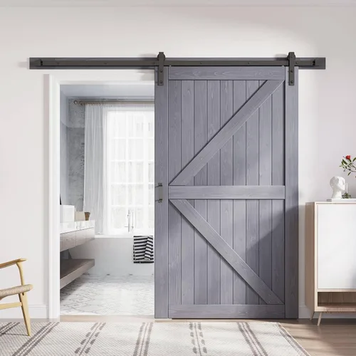 Vista 13 de FREDBECK Puertas dobles grises de 24 x 84 pulgadas, puerta de granero de 48 pulgadas con kit de herrajes para puerta de granero de 8 pies incluido