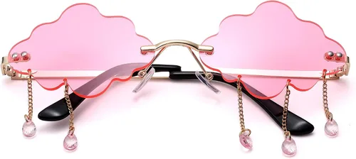 Vista 3 de NULOOQ Gafas de sol de Halloween sin montura para mujeres y hombres, gafas de árbol de Navidad, fiestas, bailes, cosplay, rave (nube dorada, rosa)