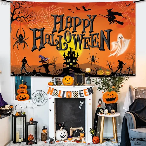 Vista 7 de KatchOn Cartel naranja de feliz Halloween, extra grande de 72 x 44 pulgadas, telón de fondo de calabaza para decoraciones de fiesta y fotografía