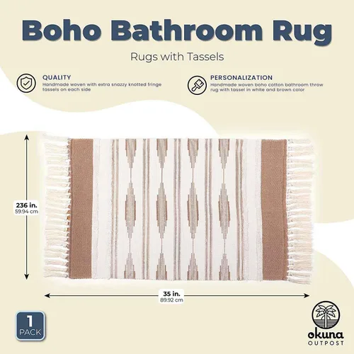 Vista 3 de Okuna Outpost Alfombras de baño – Alfombra de baño bohemia con borlas y pelo bajo – Alfombra de baño y ducha de algodón lavable – Decoración bohemia